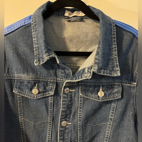 Thunderbird Print Jean Jacket Vegan Leather Fringe Colorful Eagle Western Boho - Picture 6 of 15